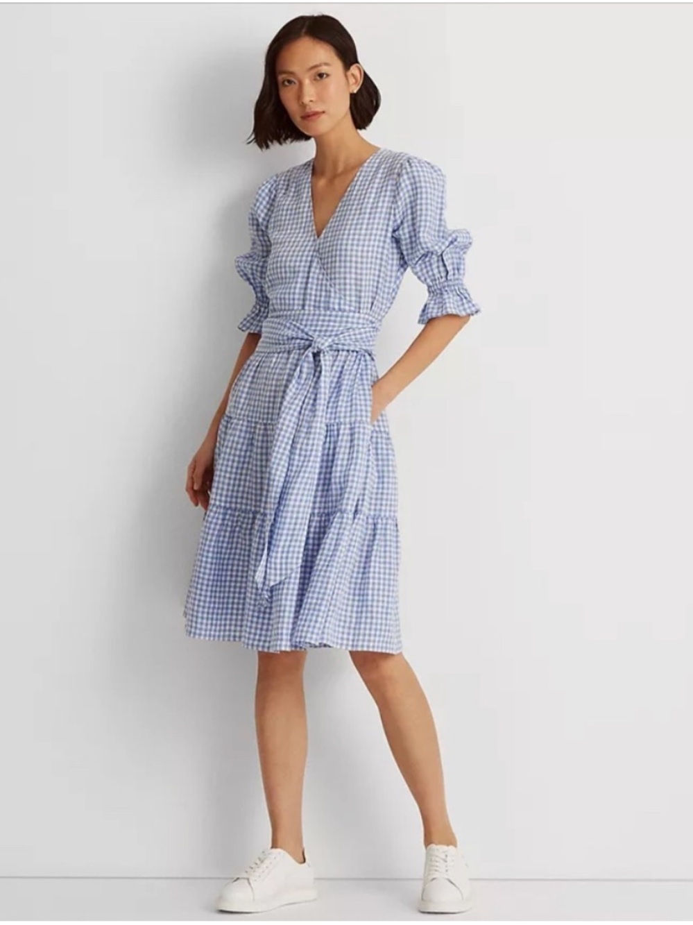 Ralph Lauren linen Light Blue Gingham Wrap Dress size 10
